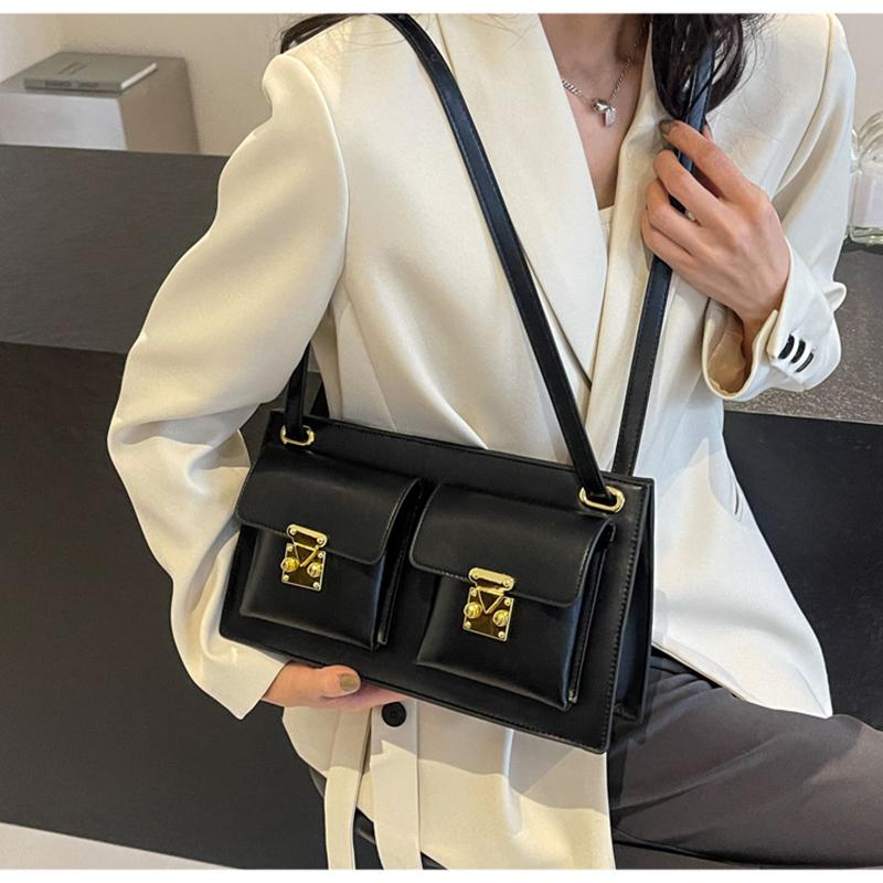 New Double Pocket Underarm Bag For Women Unique Design Retro Lock Buckle Single Shoulder Solid Color PU Crossbody Bag Trend