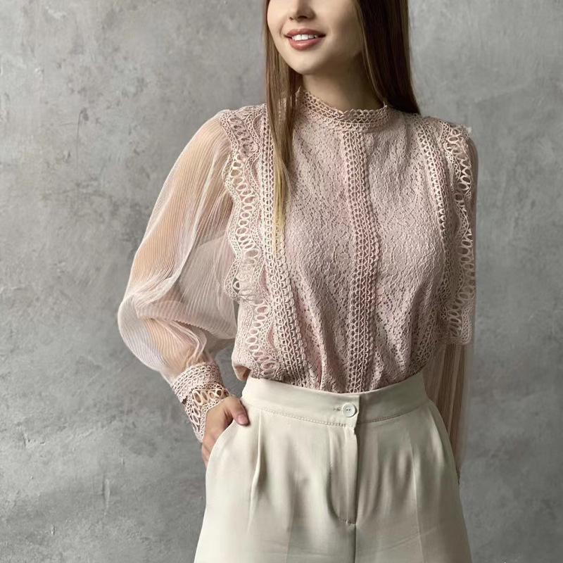 

Новый элегантный однотонный сетчатый топ с длинными рукавами и буфами из кружева для женщин M розовый