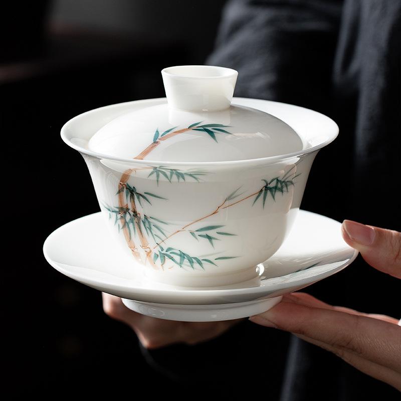 Hand-Painted Suet Jade Hover Lid Bowl Teacup Single Ceramic Suspension Sancai Tea Bowl White Tea Bubble Tea Bowl Tea Set