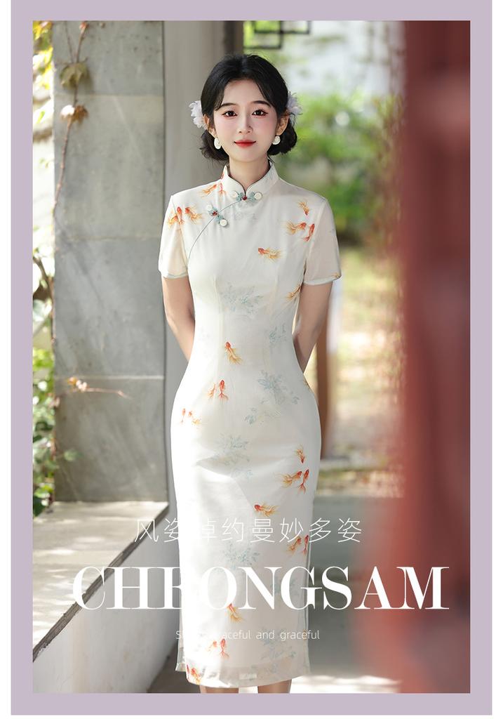 New Chinese Koi Printed Cheongsam 1011 New Summer Young Daily Wear Slit Send Test Dress Temperament