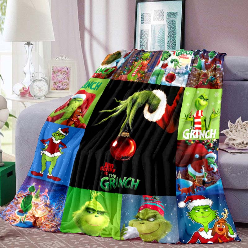 Cute Cartoon "The Grinch" Print Blanket – Warm Winter Flannel Throw; Festive, Unique Sofa & Nap Blanket