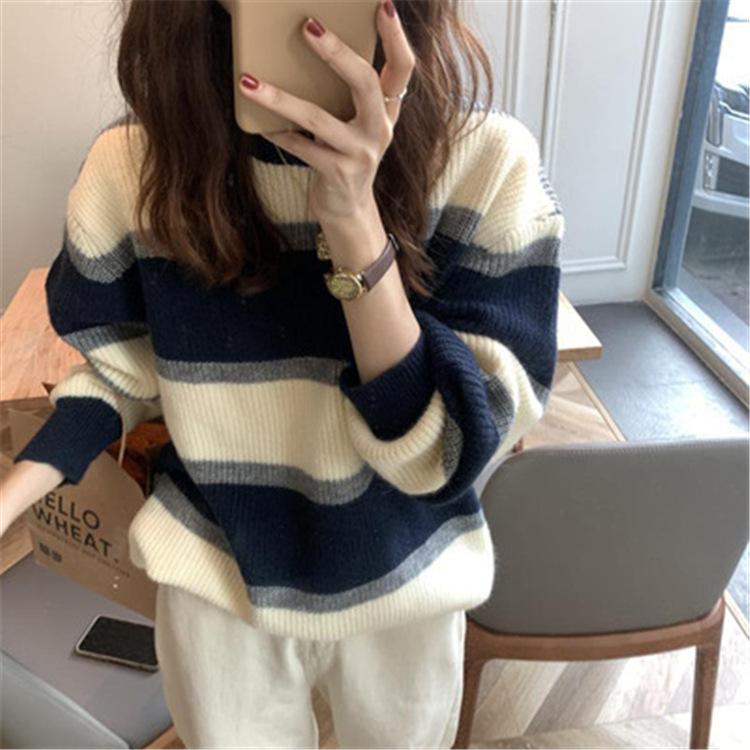 1011 Autumn and Winter Retro Niche Design Sense Color Matching Striped Loose Round Neck College Style Casual Sweater Women's Bottoming Shirt