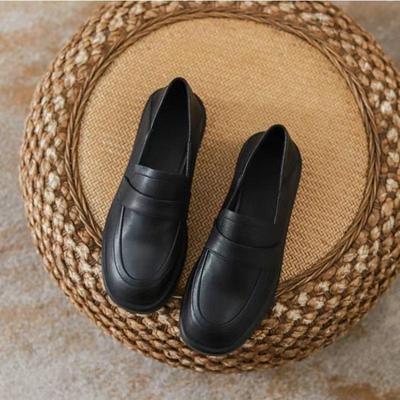 Soft Cowhide Leather Loafers Flat Single Shoes Black British Style Small Leather Shoes
