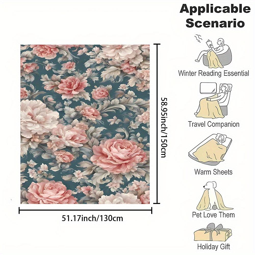 1pc Contemporary Reversible Polyester Flannel Throw Blanket - Digital Print Blossoming Flowers Pattern, All-Season Cozy Office