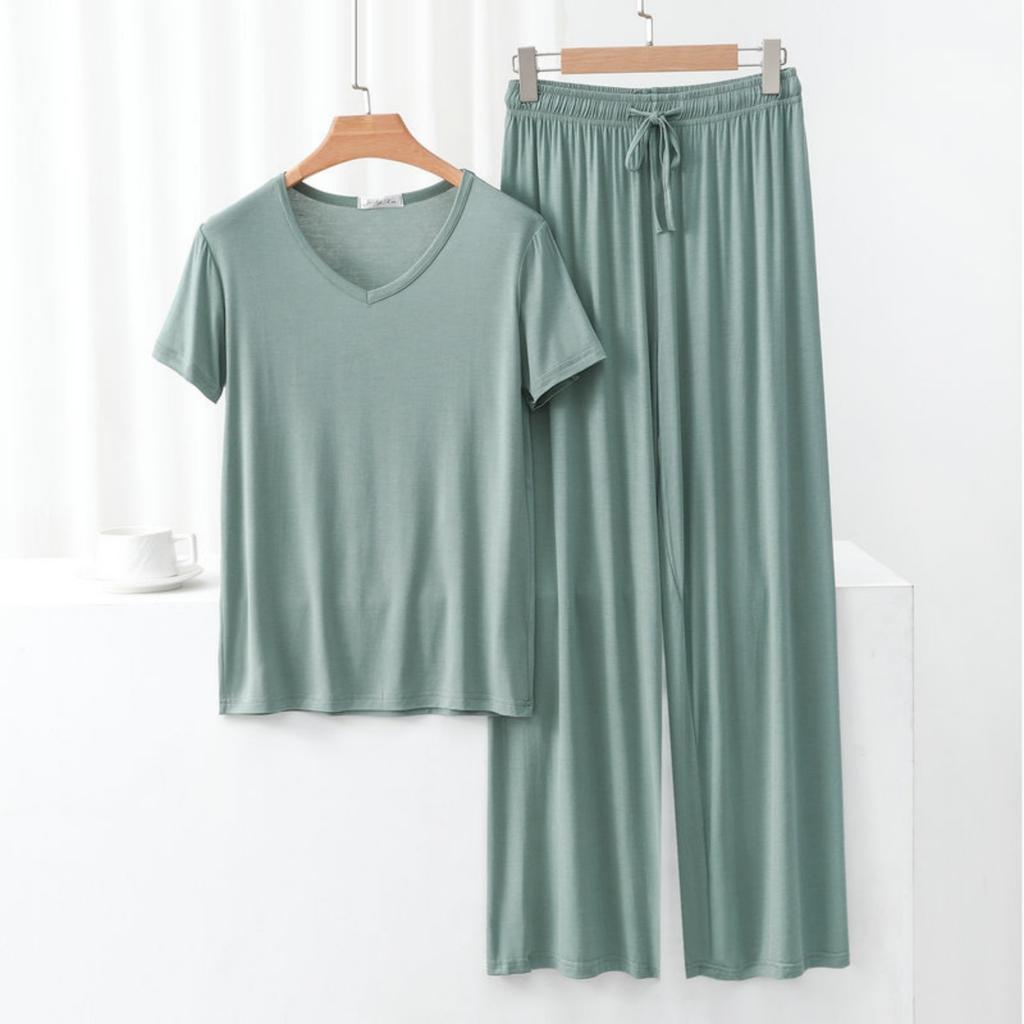 Women's Round Neck Suit Large Size Outer Wear Casual Top Wide Leg Trousers Thin Pajamas