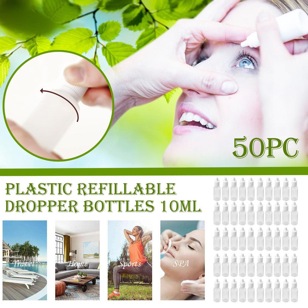 50pcs Plastic Squeezable Eye Liquid Dropper Bottles with Childproof Cap 10ML