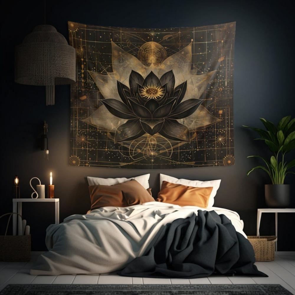 1 Black Lotus Sacred Geometry Tapestry Single Sided Polyester Wall Tapestry Bedroom Living Room Spiritual Decor Mysterious Gift