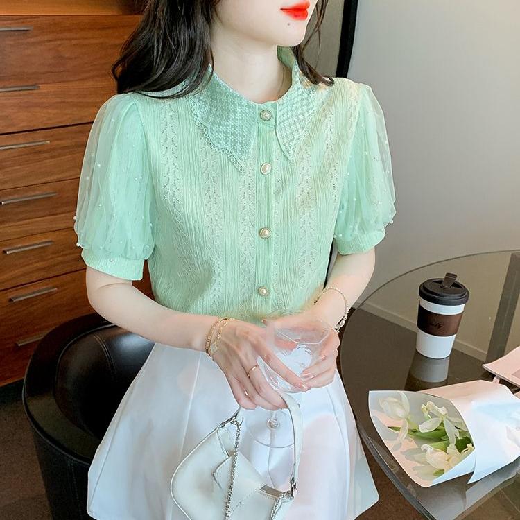 Elegant Beaded Mesh Puff Sleeve Lace Shirt Women Summer Versatile Hollow Out Cardigan Top