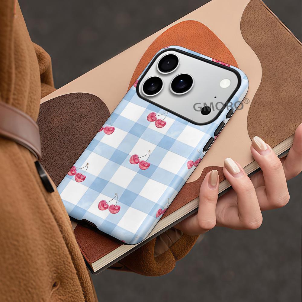 Plaid cherry is suitable for iPhone17 Apple 16Pro 2-in-1 film anti-drop mobile phone case.