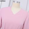VONDA Summer Women Short Sleeve V Neck Solid Bandage Casual Long Maix Dress