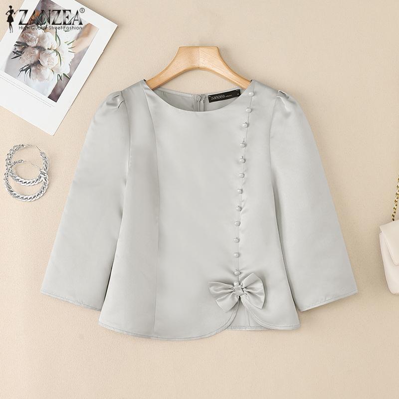 ZANZEA Women Casual Round Neck 3/4 Sleeve Elegant Plain Blouse