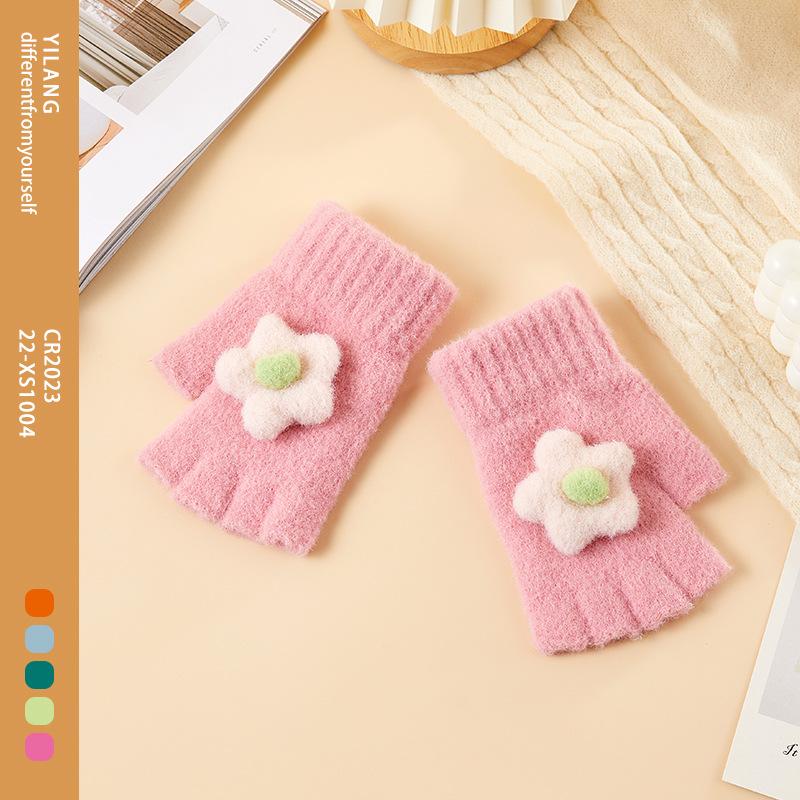 Premium Half Finger Gloves for Children with Velvet Warm and Cold Protection Cartoon Finger Exposed Gloves for Men and Women Knitted Gloves One Size