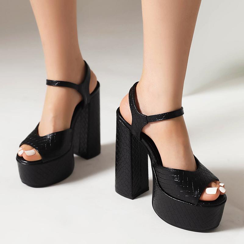 Three-Dimensional Plaid Fretwork Ultra-High Thick Heel Peep Toe Sandals Platform High Thick Heel Ankle Buckle Women's Sandals