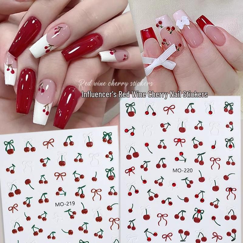 

Wine Red Cherry Rhinestone 3D Nail Stickers - Crystal Diamond Embossed Design