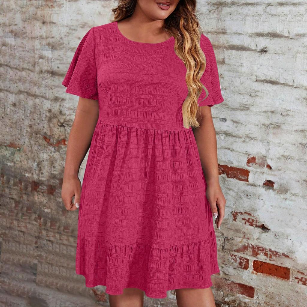 Ladies' Large Size Casual And Fashionable Color Dress, Loose Short Sleeved Waist Cinched Dress
