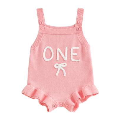 Baby Mädchen Geburtstag Strick Overall Ärmellos Quadratischer Ausschnitt Buchstaben Schleife Stickerei Pullover Strampler