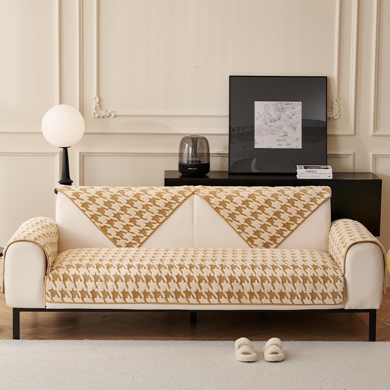 New Thousand Bird Grid Sofa Cushion Winter Thickened Warm Plush Seat Mat High End Fashionable Non Slip Dust Proof Couch Cover