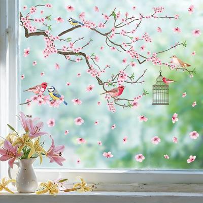 Sticker de fenêtre statique Fleur de cerisier Oiseau Branche Décoration de maison élégante pour Verre Décoration d'ambiance Amovible