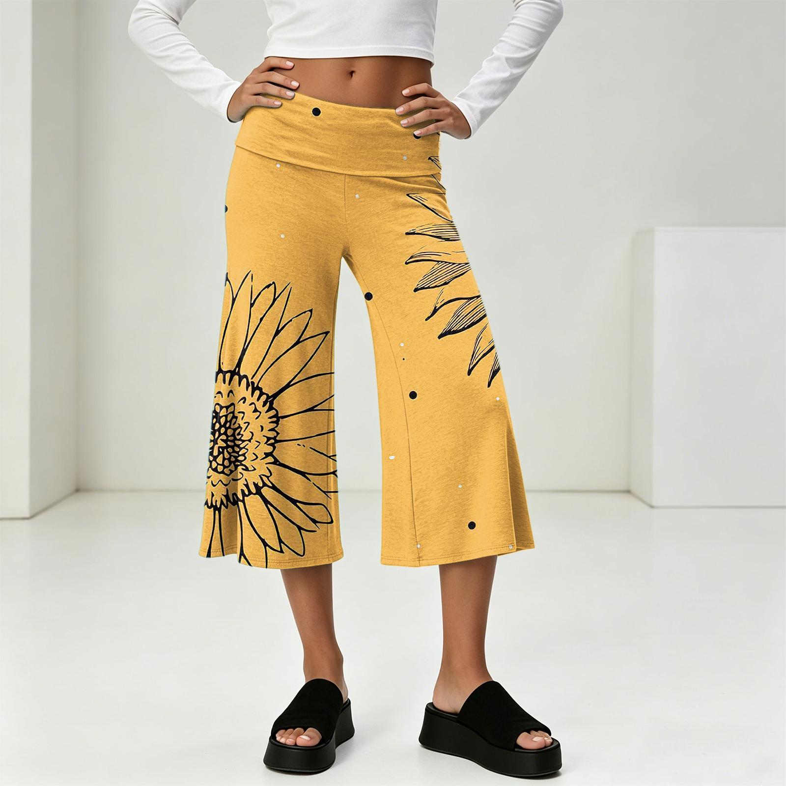 

Wide Leg Cropped Pants with Leaf Print Casual Loose Fit Comfortable Elastic Waistband for Women M жовтий