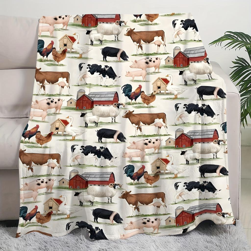 Cute Farm Animal Flannel Blanket - Soft Plush Rustic Style | Versatile for Home/Office/Camping/Sofa/Bed | Decor & Gift