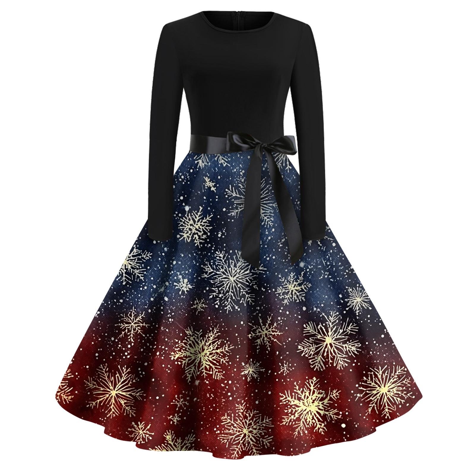 

Рождественский принт расклешенное платье для женщин платье с длинным рукавом полые вечерние повседневные платья M