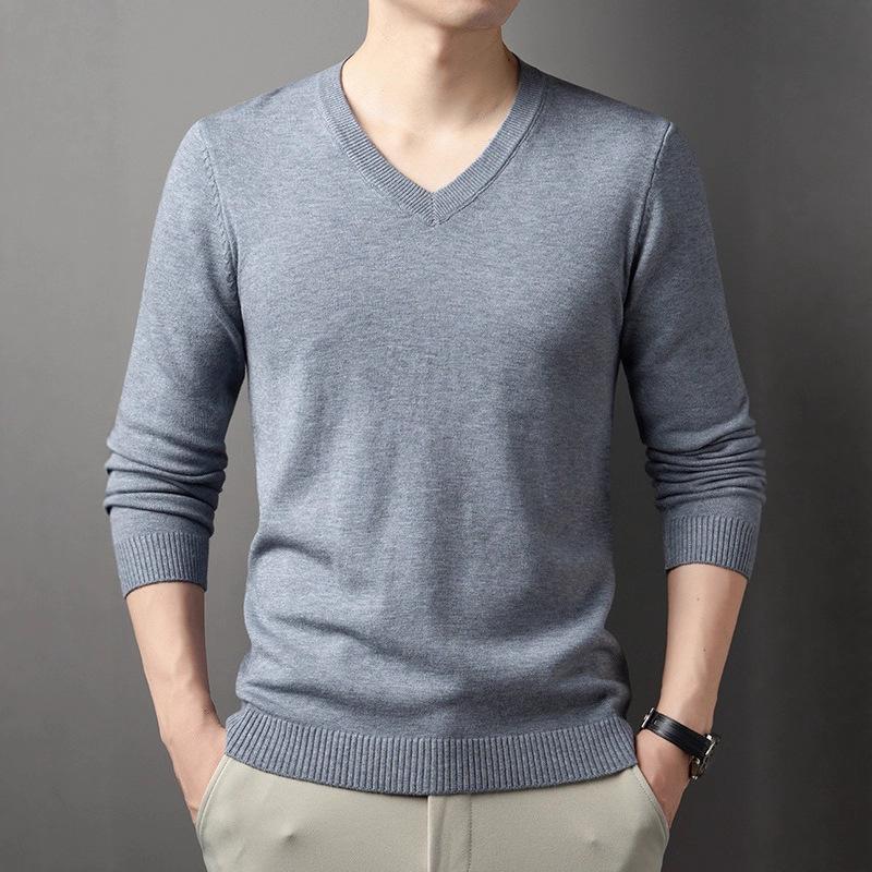 Solid Color V Neck Long Sleeve Pullover Knit Sweater For Men