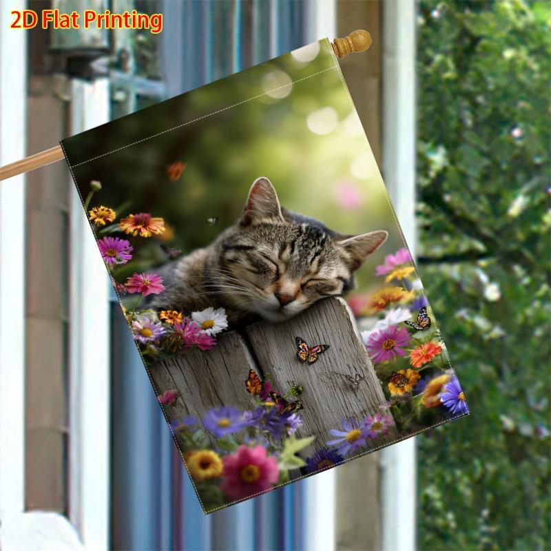 1pc a Double-Sided Garden Flag Measuring Featuring Sleeping Cats, Flowers, And Butterflies, Perfect for Spring And Summer Outdoor Decor