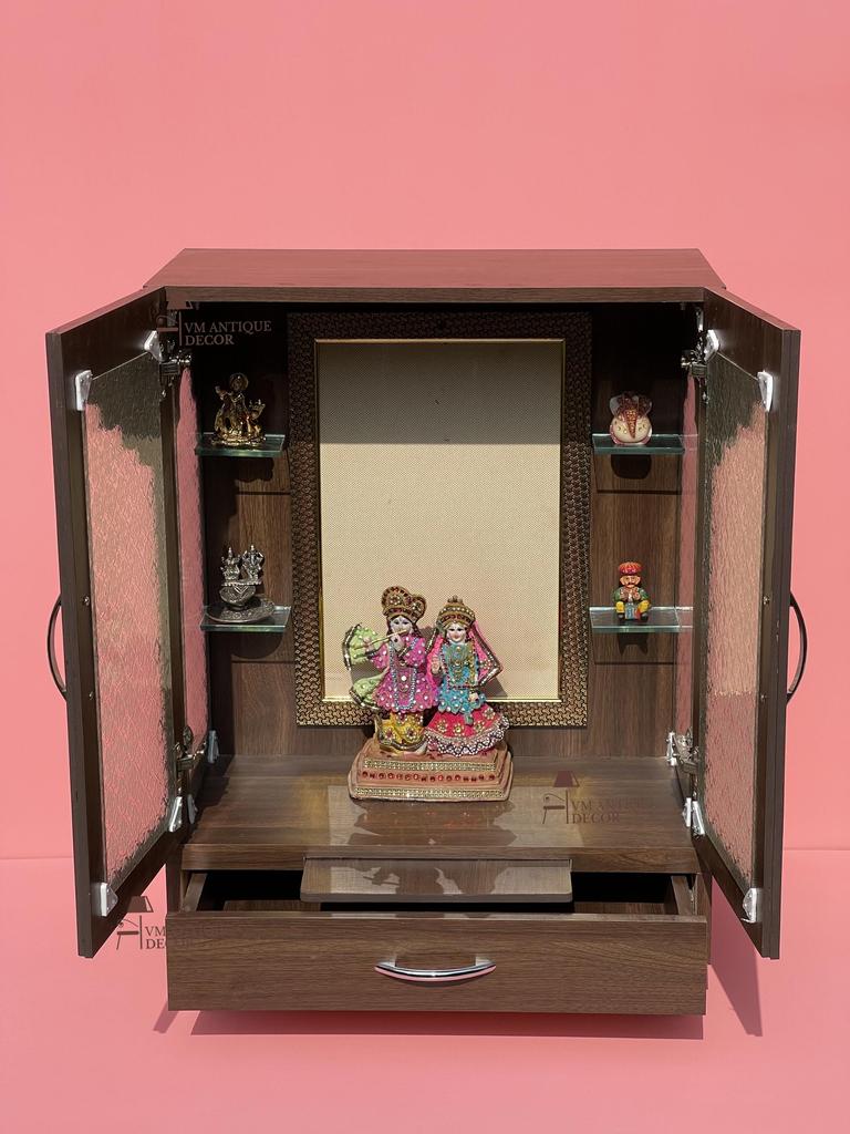 Wooden Pooja Mandir | Handicrafted Home Temple | Indian Prayer Altar with Doors | Wall With Glass Pooja Cabinet | Traditional Hindu Mandir