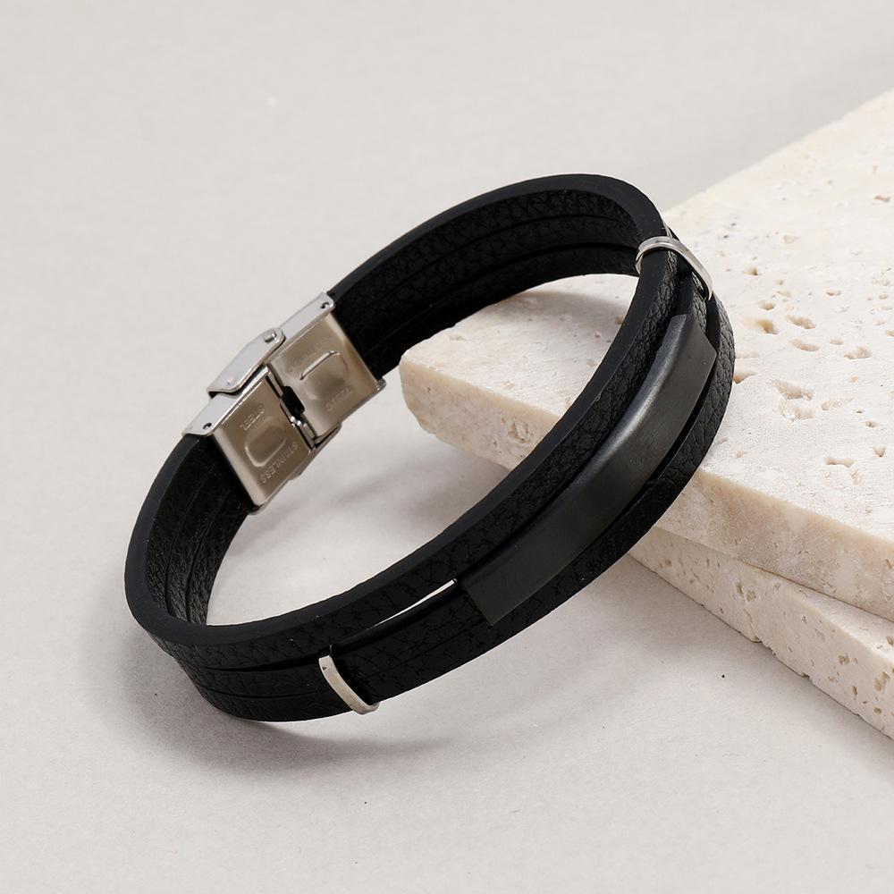 DPANCO Simple Blank Stainless Steel Rhodium Plated Magnetic Buckle Geometric Design PU Leather Men's Cuff Bracelets Fashion