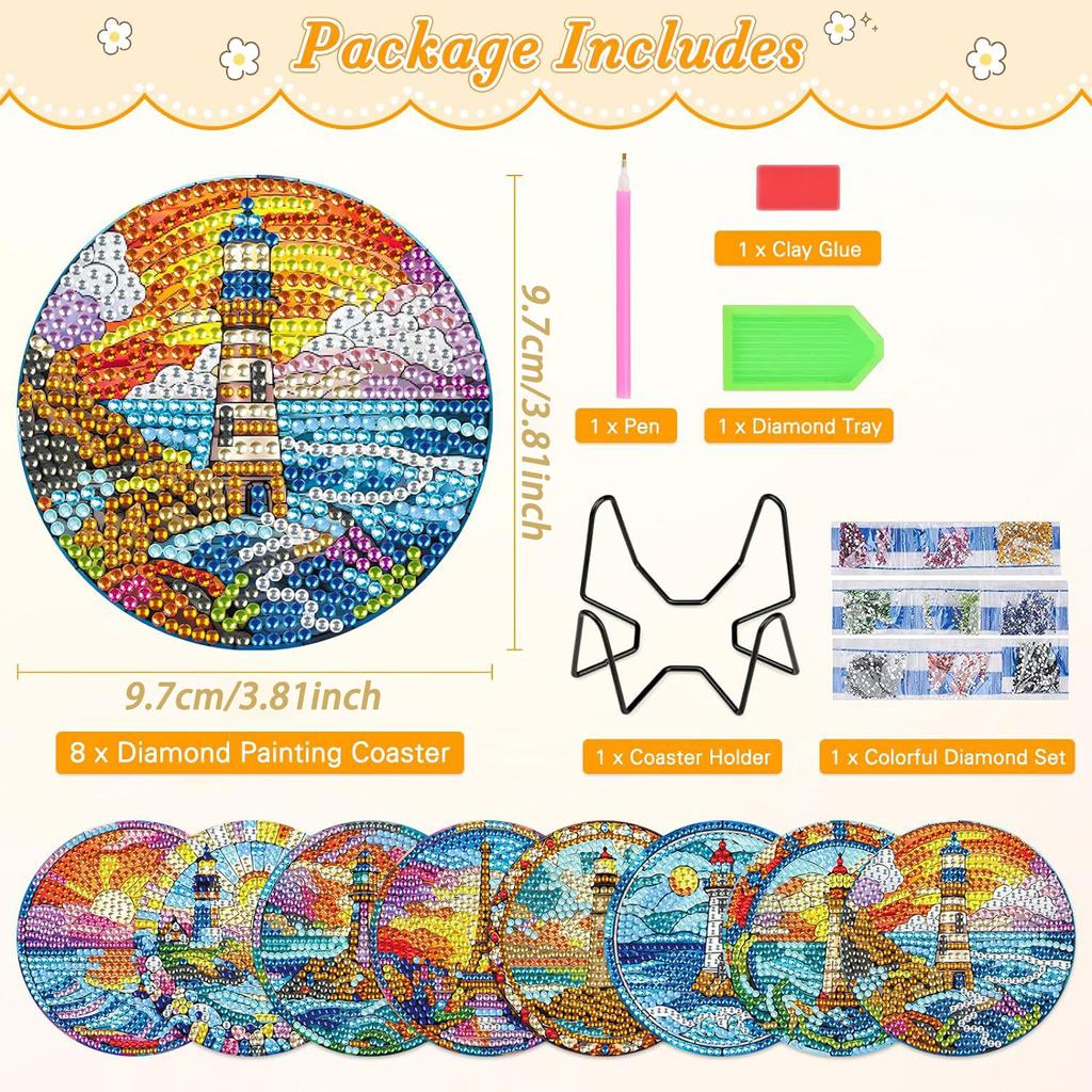8 kusů/sada diamantově malovaných podtácků se vzorem železné věže s držáky DIY podtácky pro začátečníky i dospělé, umělecké a řemeslné potřeby dárky
