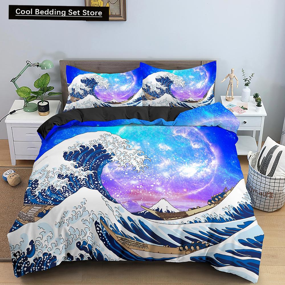 Ozeanwelle Bettwäscheset 3D Abstrakte Kunst Bettbezug King/Queen Größe mit Kissenbezug Aquarellstil 2/3-teilig Polyester Steppdeckenbezug