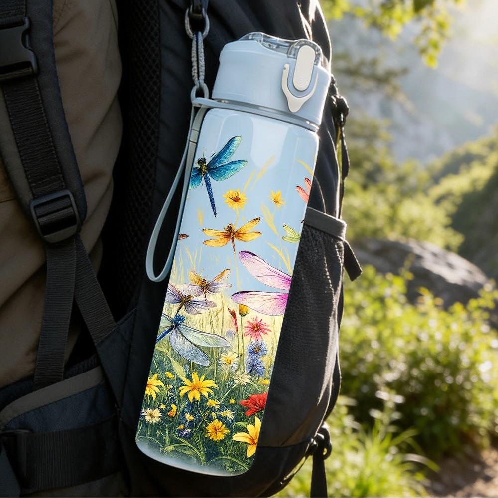 1PC Dragonfly Wildflower Meadow Print 750ml Color Plastic Sports Water Bottle Leakproof Flip Straw Lid Suitable for Sports Office Home Use