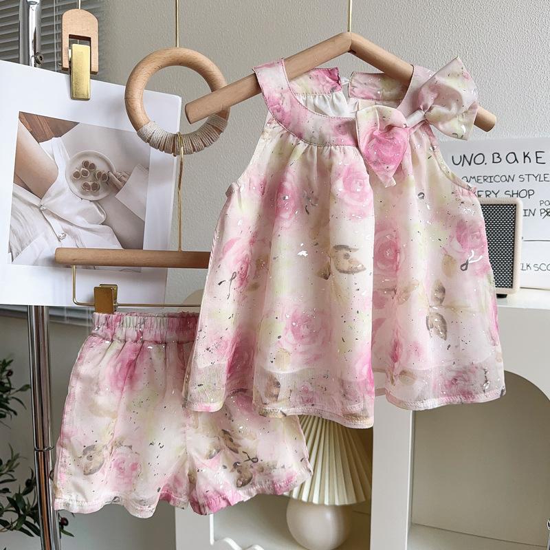 Girls Summer Bow Floral Vest Shirt And Shorts Set Princess Two Piece Outfit For Kids 90cm