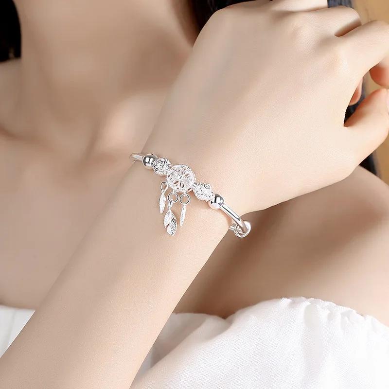 Adjustable Size 925  Silver Bangle Cuff Dreamcatcher Tassel Feather Round Bead Charm Bracelet Jewelry For Women Wedding