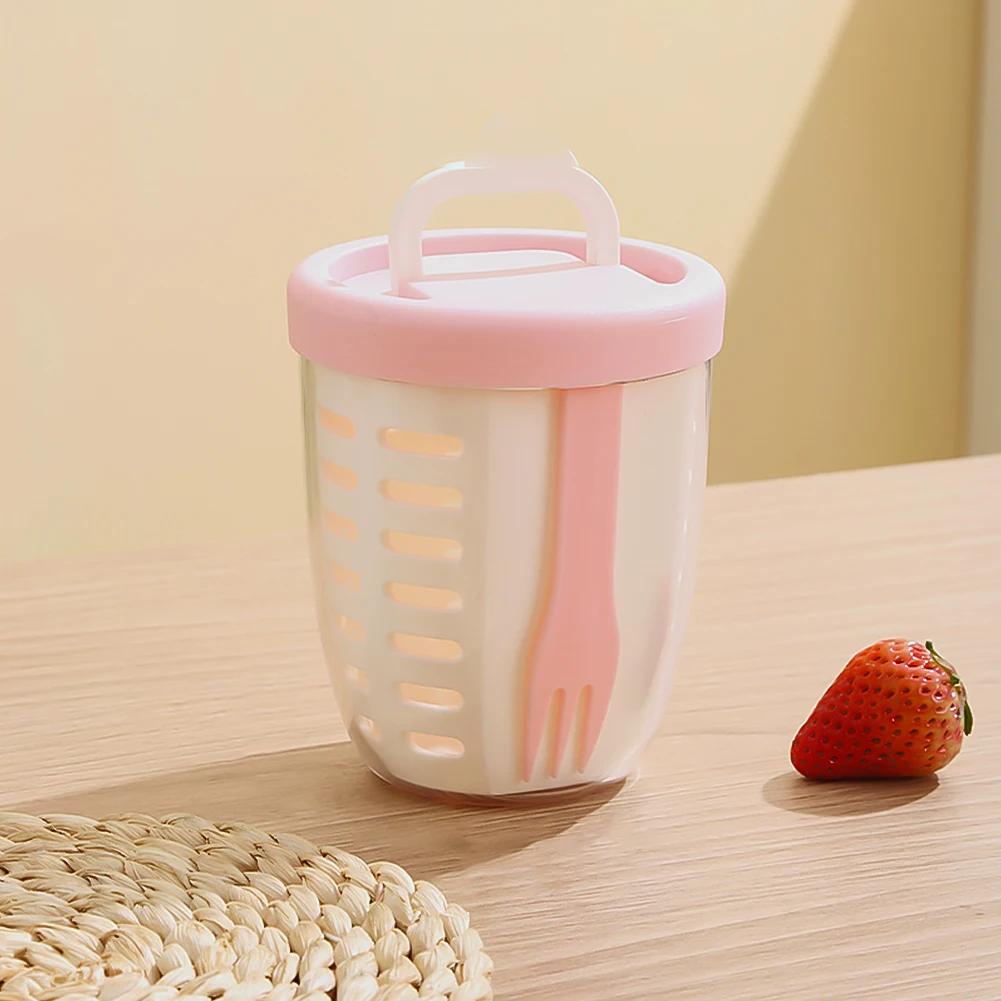 

Portable Sealed Picnic Container Large Capacity Poke Salad Box With Fork Plastic Cup For Fruit Veggie Meal рожевий