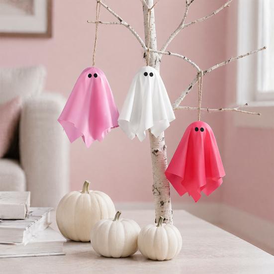 Whimsical Halloween Ghost Set Hanging Decor, Pastel Pink White Soft Matte Finish Pendant Fabric Ornaments, Cute Spooky Party Home Decor Aesthetic