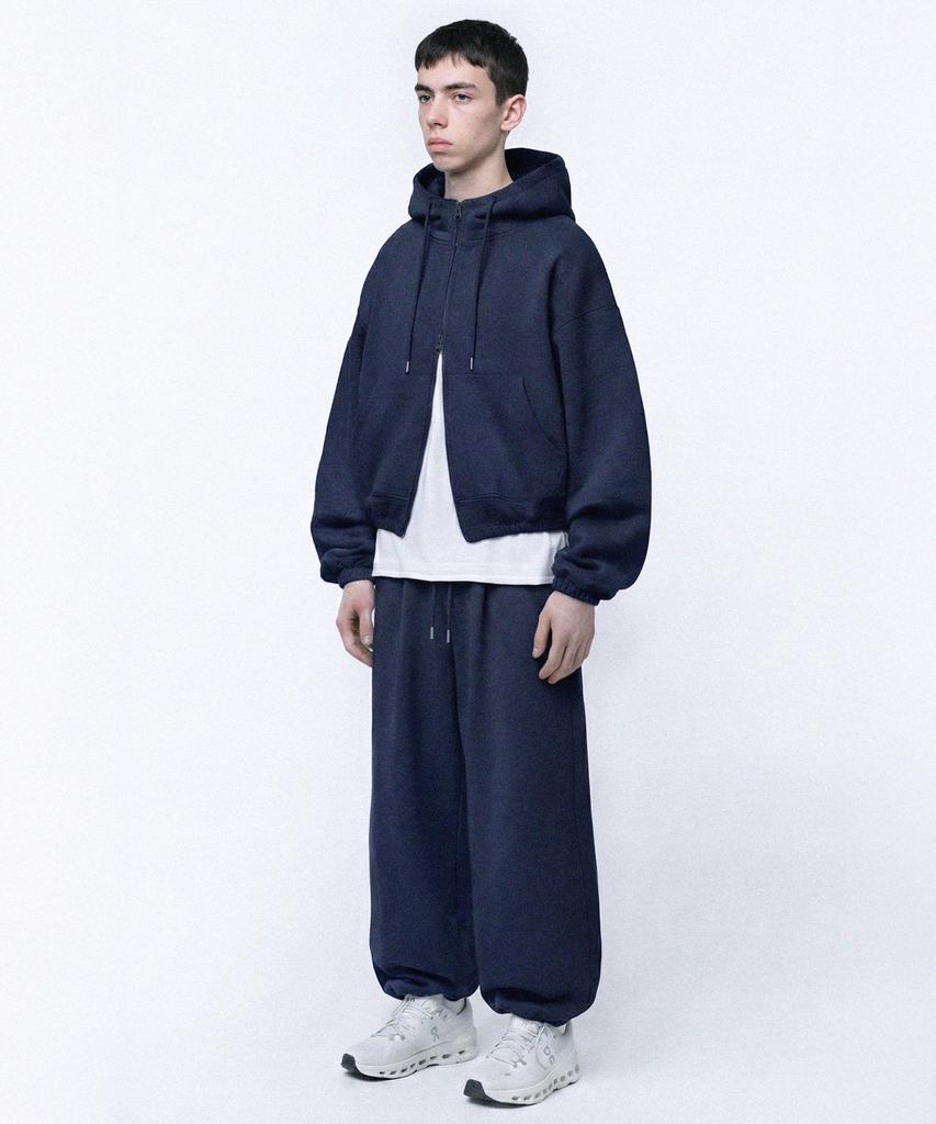 Prinoar [Set] String Oversized Two-Way Zip-Up Hoodie + Single-Pleat Wide Pants - Navy
