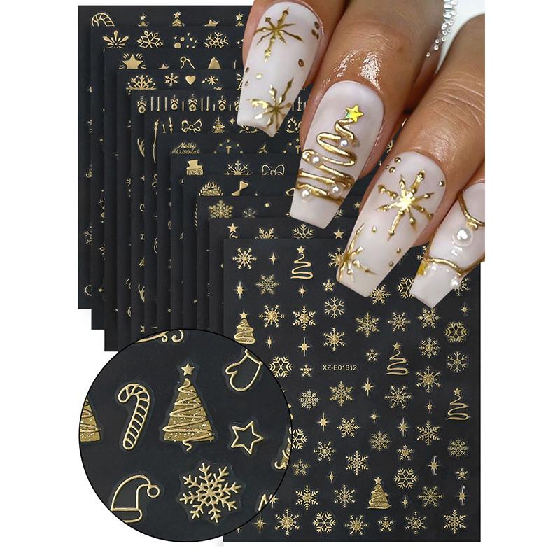 1Sheet Gold 3D Christmas Nail Foil Stickers Sparkling Snowflake Christmas Tree Snow Globe Snowflake Nail Slider Nail Stickers