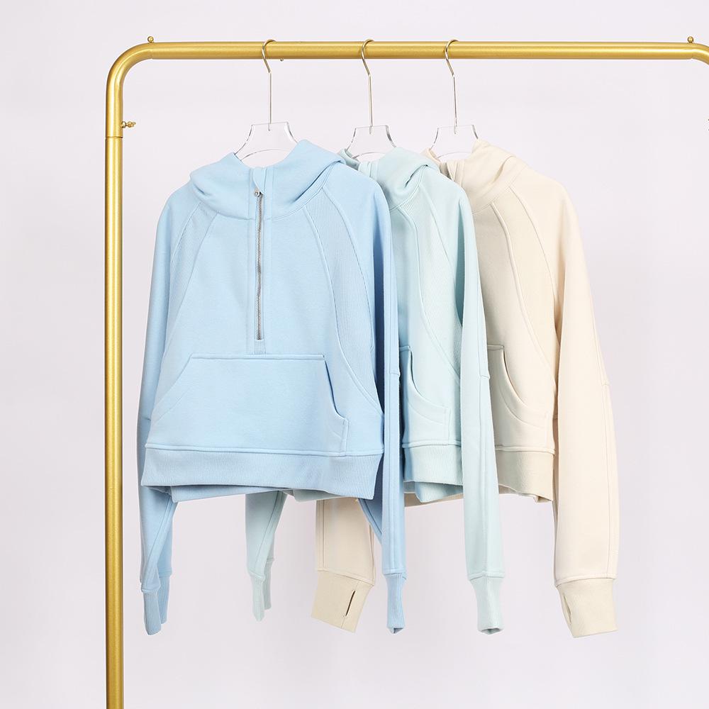 LULU Women's Hooded Half-Zip Terry Cloth Sweatshirt with Gold Logo & Zipper, Plus Velvet Yoga Wear
