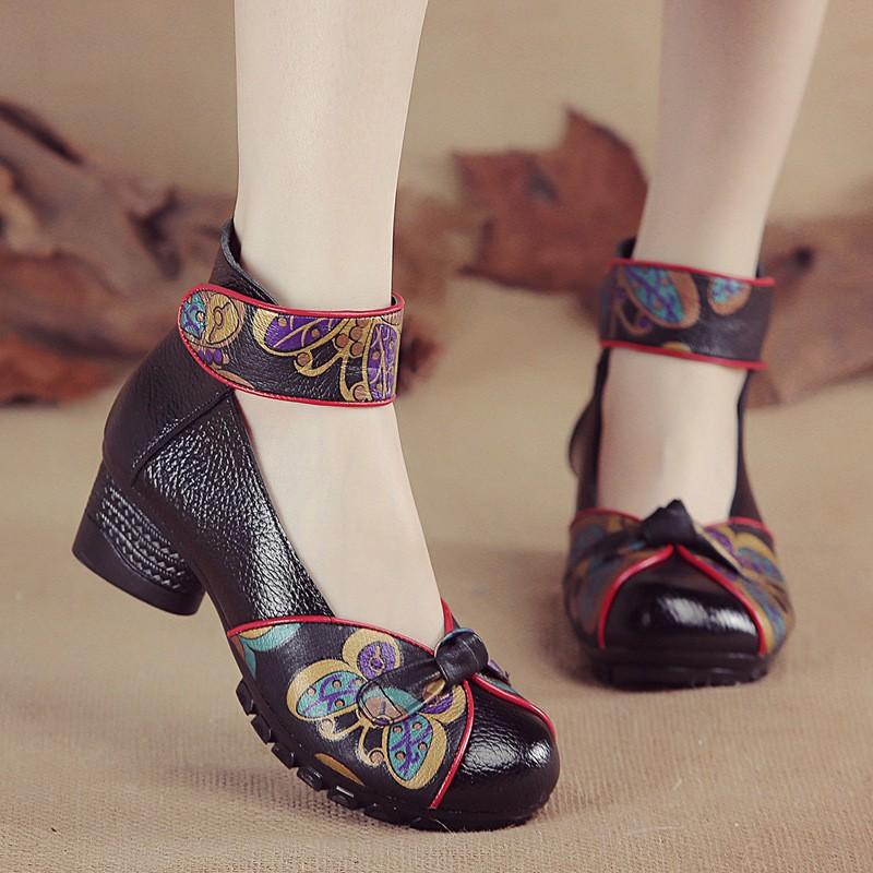Spring New Top Layer Cowhide Low Heel Soft Sole Shoes for Women's Shoes for Ethnic Style Genuine Leather Printed Single Shoes