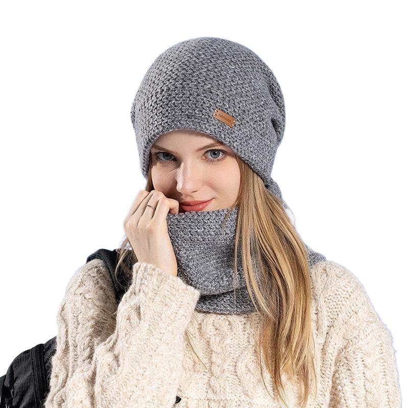 Women's Knitted Hat Winter European and American Warm Hat Scarf Set Fleece Ear Protector Pullover Wool Hat
