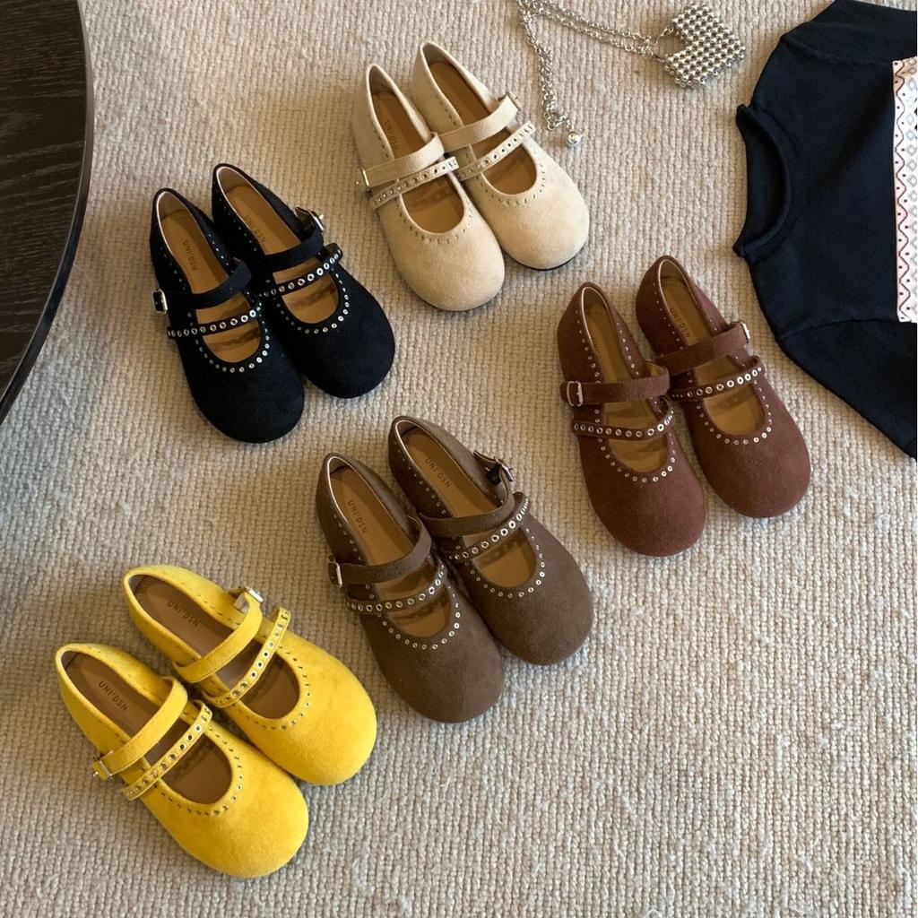 2025 new autumn and winter suede rivets one word with round head flat bottom women commuting work late evening Doudou pregnant women single shoes