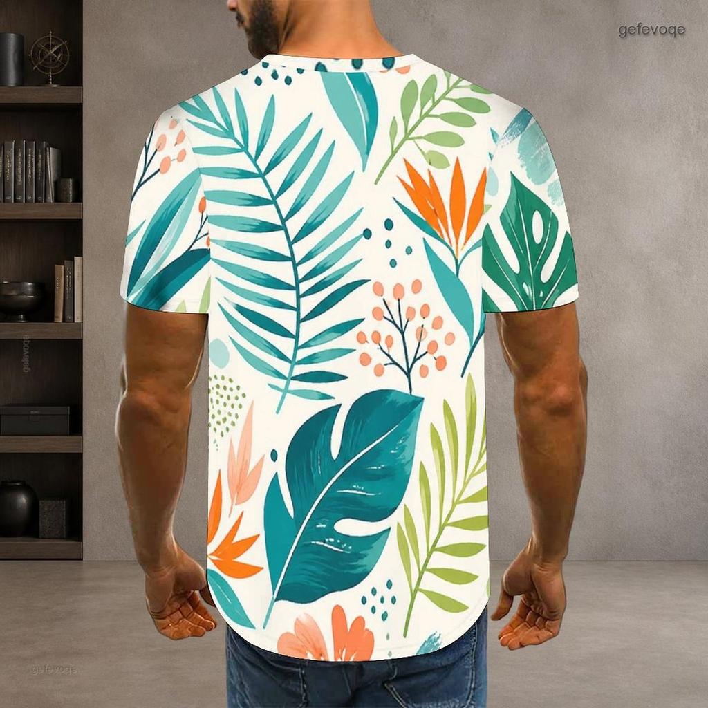 Mens Plus Size Round Neck Short Sleeve T Shirt White Fruit Leaf Printed Casual Tops