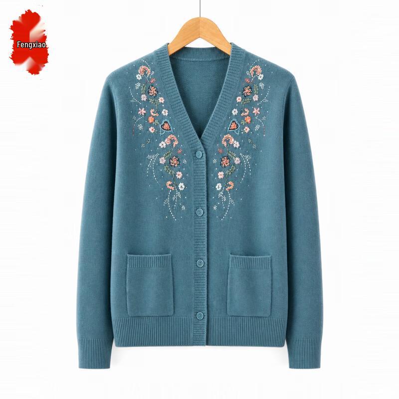 Women's V-Neck Embroidered Rhinestone Knit Cardigan for Mature Ladies
