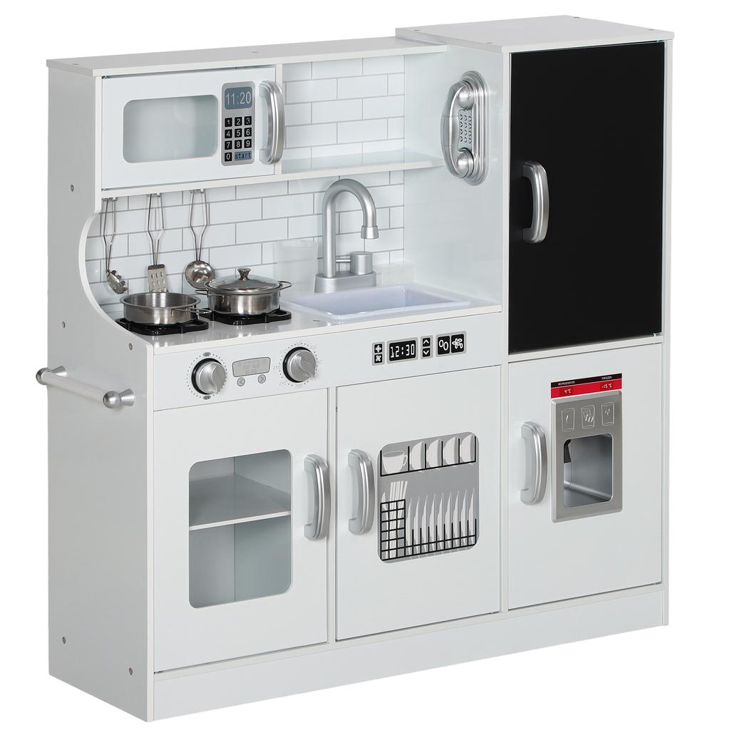 Pretend Play Kitchen, Kids Kitchen Playset, with Toy Phone, Chalkboard, Microwave, Cooking Stove, Sink, White