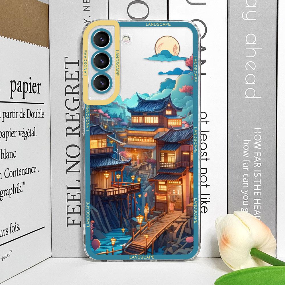 Retro Japoński Pejzaż Fale Etui na Telefon dla Samsung Galaxy S22 S23 S20 FE S24 S25 Ultra S21 Plus Estetyczny Krajobraz Miękki Pokrowiec