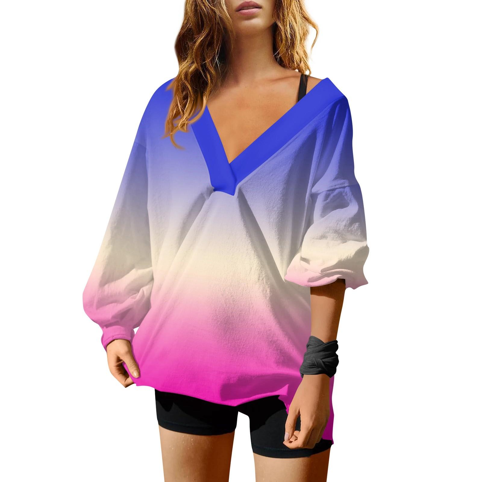 

Женская мода градиентный цвет V-образный вырез длинный рукав свободный пуловер свитшот топ M синий