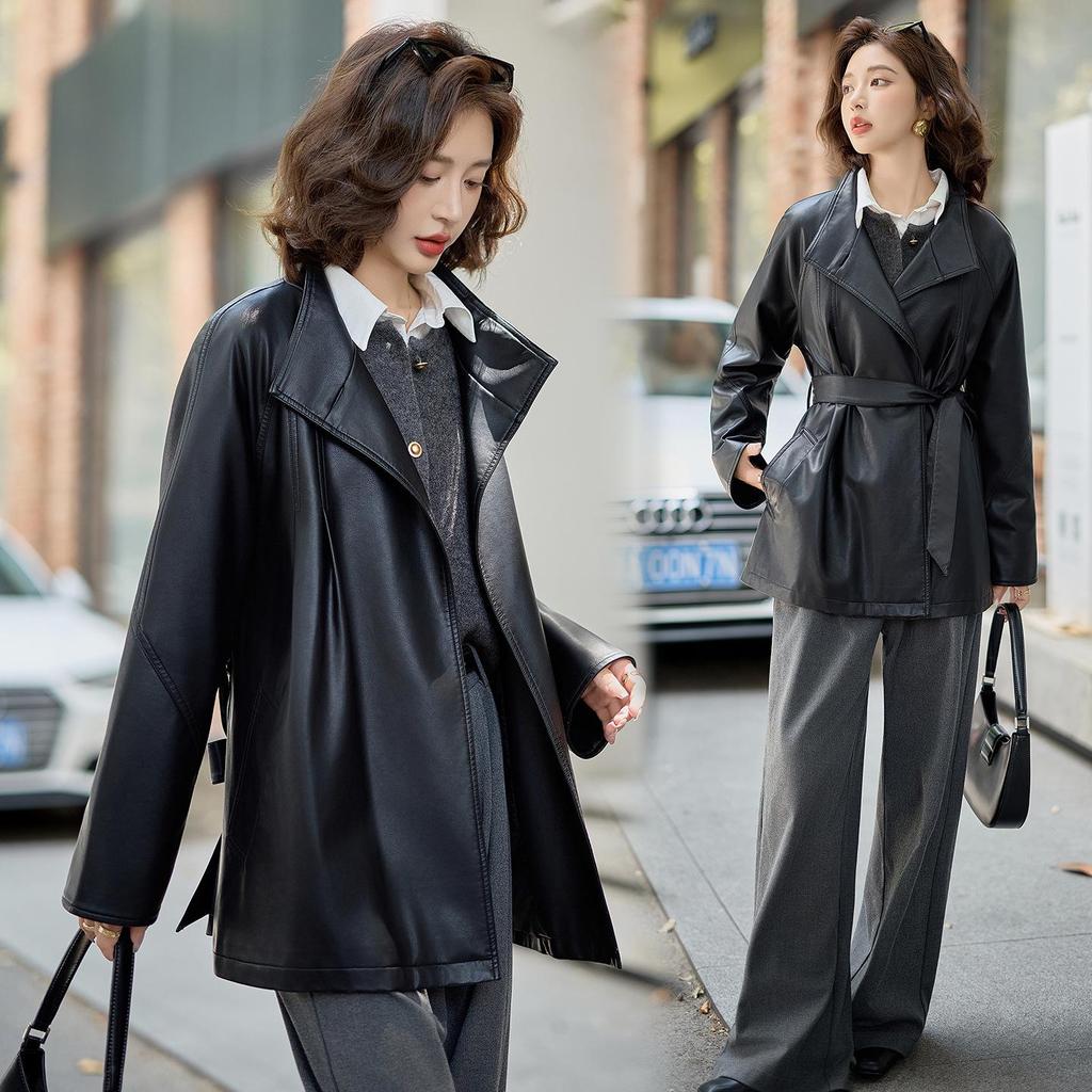 Women's Mid-Length Sheepskin Leather Motorcycle Jacket - Retro and Loose, Perfect for Spring and Autumn