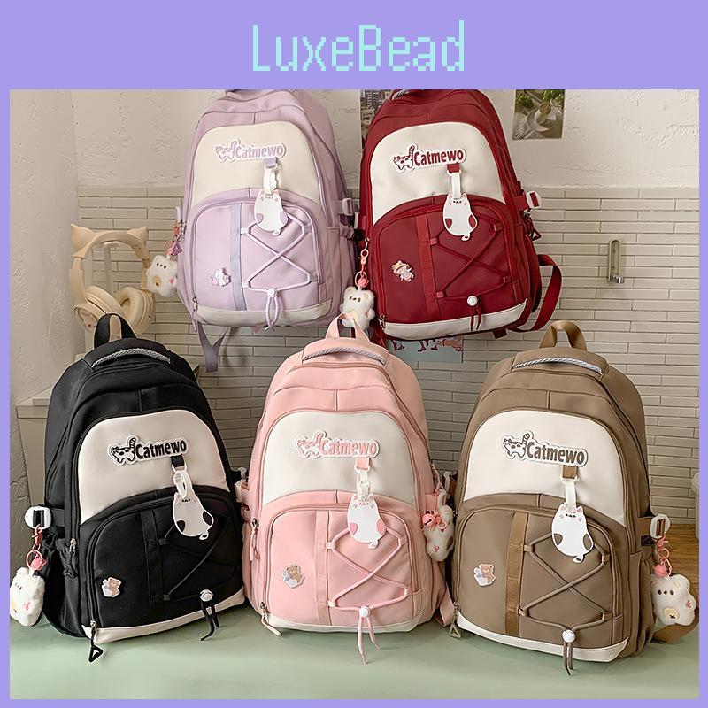 Blocked Fashionable Color Letter Cat Pattern Student Backpack With Pendant