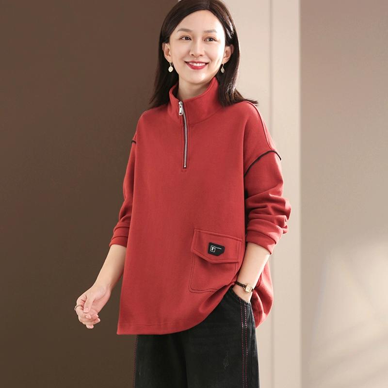 

DIMANAF 2025 Plus Size Solid Zipper Hoodie Autumn T-shirt Women Long Sleeve Loose Tops Tees Orange One size